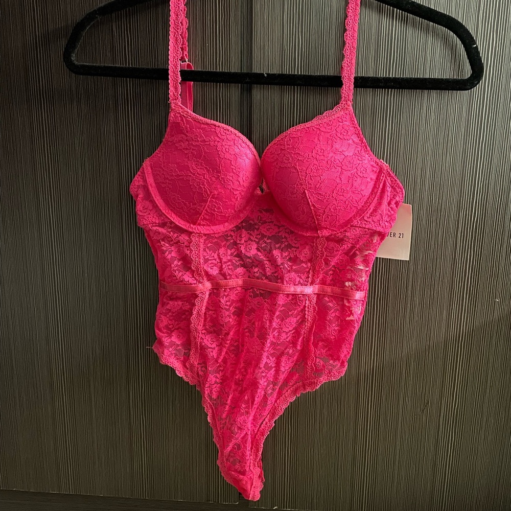 Forever 21 Hot Pink Lace Bodysuit Chemise